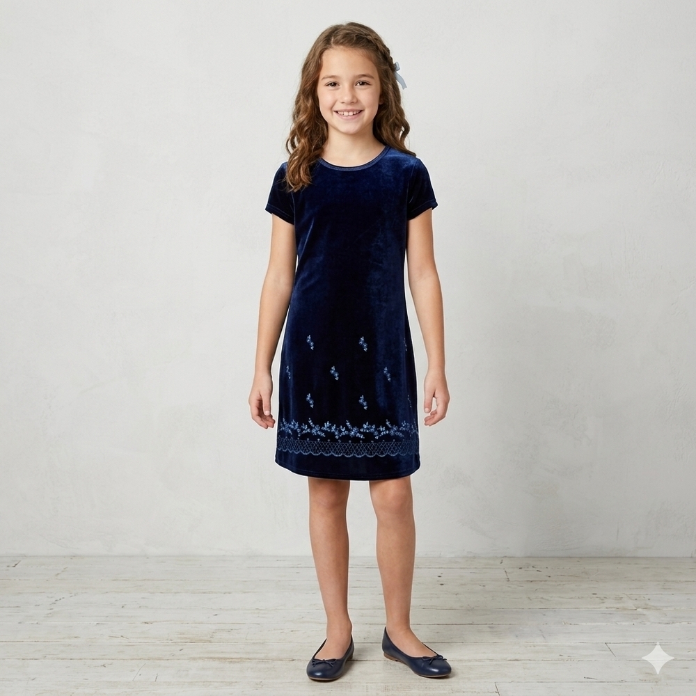 SWAT Vintage Velour Kids Dress in Deep Blue